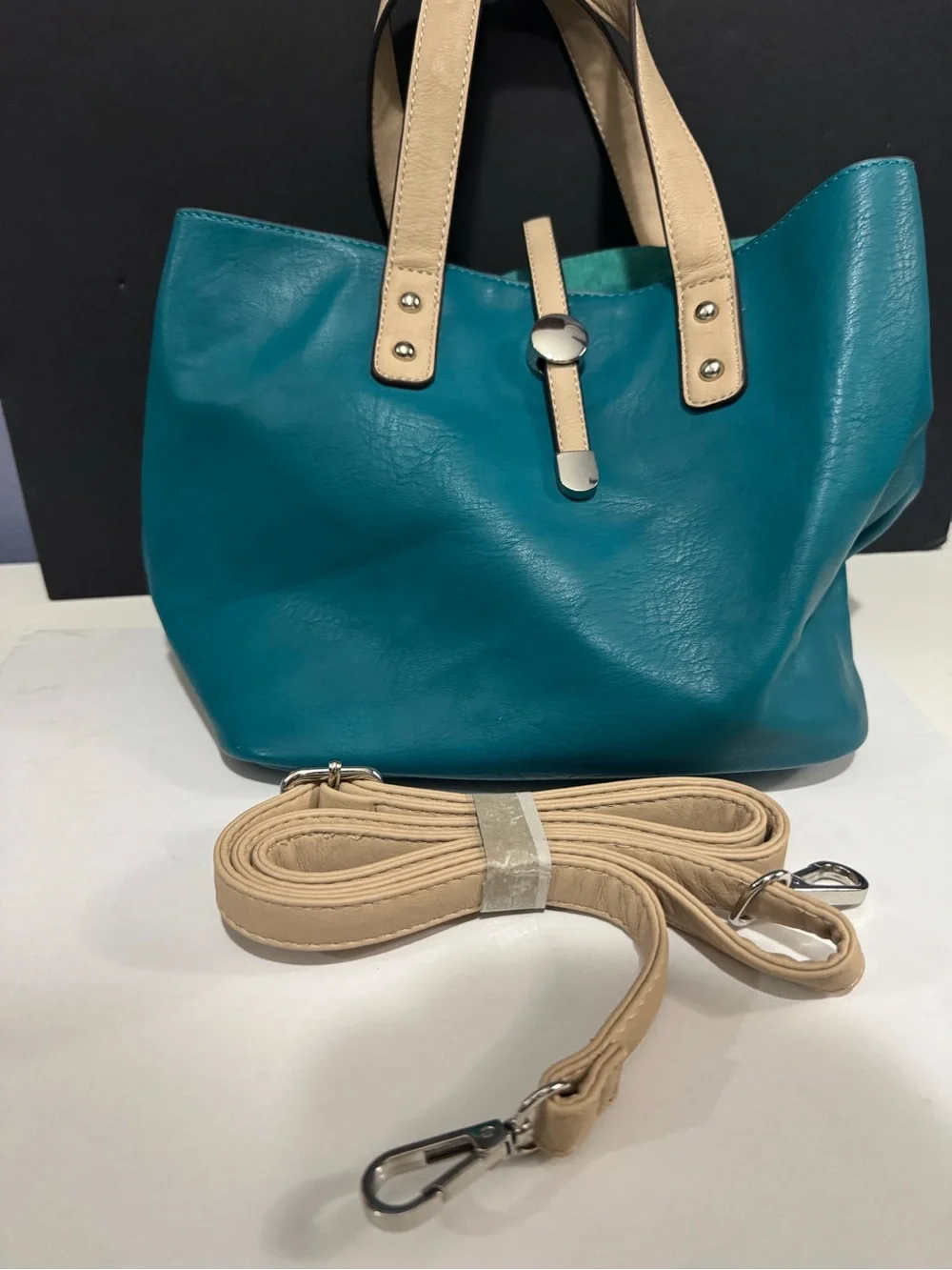 Teal Faux Leather bag within a bag and Beige short and long Straps